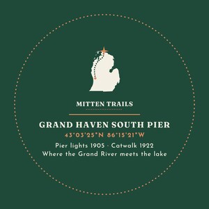 May include: A circular dark green graphic print featuring a white silhouette of Michigan with a dotted path and star. Text reads: MITTEN TRAILS, GRAND HAVEN SOUTH PIER, 43&deg;03'25"N 86&deg;15'21"W, Pier lights 1905, Catwalk 1922, Where the Grand River meets the lake.