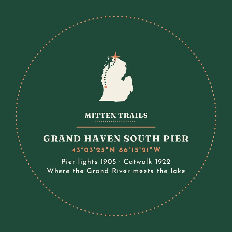 May include: A circular dark green graphic print featuring a white silhouette of Michigan with a dotted path and star. Text reads: MITTEN TRAILS, GRAND HAVEN SOUTH PIER, 43&deg;03'25"N 86&deg;15'21"W, Pier lights 1905, Catwalk 1922, Where the Grand River meets the lake.