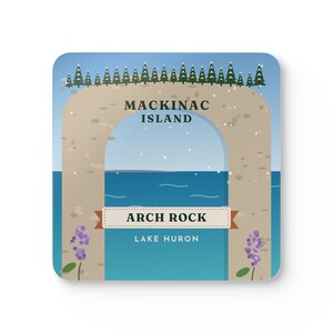 Mackinac Island Arch Rock Coaster Set of 4, Four Identical Coasters, Lake Huron Michigan Gift, High-Gloss MDF Top with Cork Back