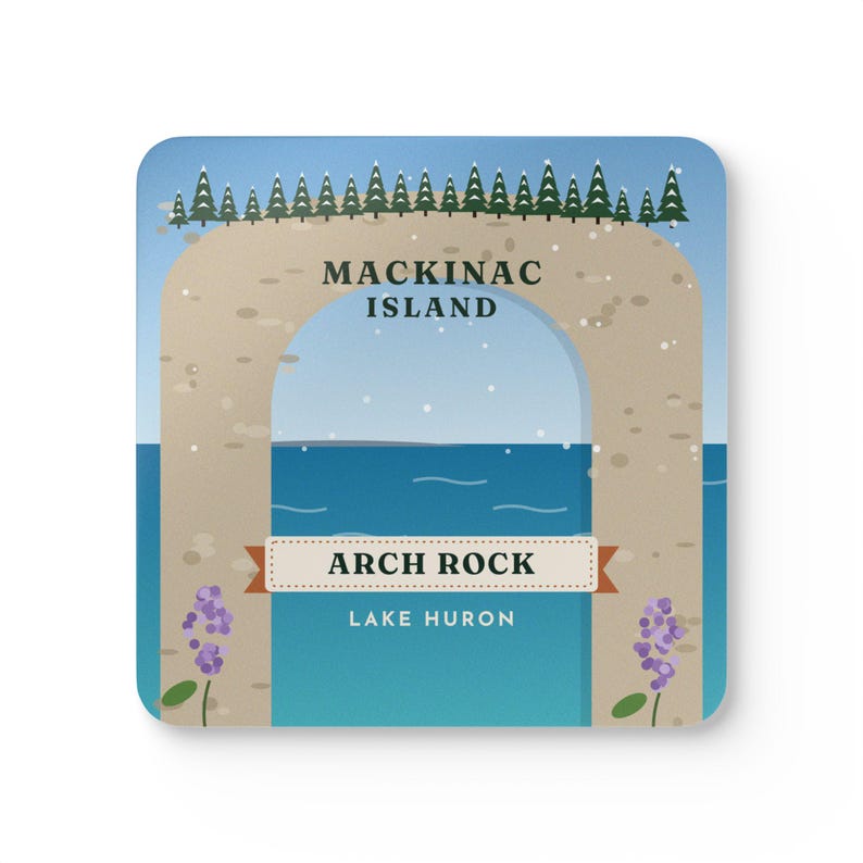 Mackinac Island Arch Rock Coaster Set of 4, Four Identical Coasters, Lake Huron Michigan Gift, High-Gloss MDF Top with Cork Back image 1