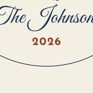 May include: A cream-colored sign featuring the dark blue text The Johnsons in a cursive script font, positioned above the brown numerical text 2026, all enclosed within a thin dark blue circular border line on a plain background.