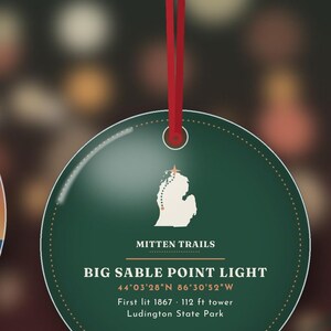 Big Sable Point fyr julgransprydnad, Ludington sanddyner vid solnedgången, present till Lake Michigan, dubbelsidig metall bild 5