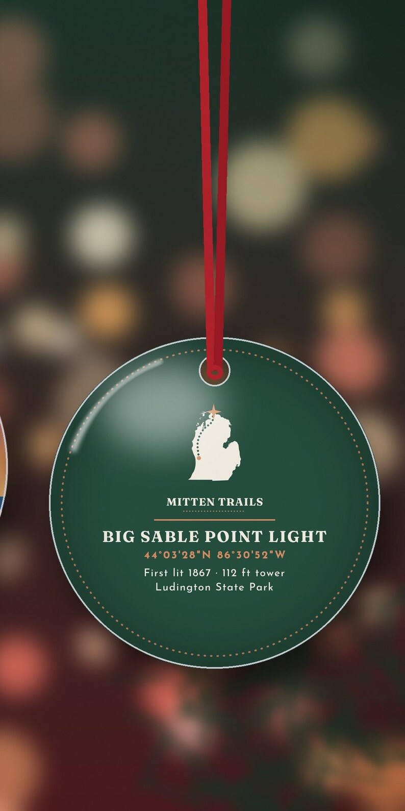 Big Sable Point fyr julgransprydnad, Ludington sanddyner vid solnedgången, present till Lake Michigan, dubbelsidig metall bild 5