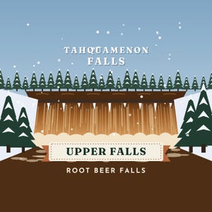 Puede incluir: Una ilustraci&oacute;n gr&aacute;fica de las cataratas Tahquamenon con una cascada marr&oacute;n, pinos de color verde oscuro y un cielo azul claro con nieve blanca. El texto dice TAHQUAMENON FALLS, UPPER FALLS y ROOT BEER FALLS en blanco y verde oscuro.