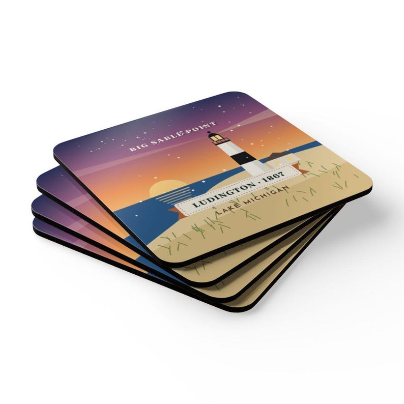 Big Sable Point Lighthouse Coaster Set of 4, Four Identical Coasters, Ludington Michigan Gift, High-Gloss MDF Top with Cork Back image 2