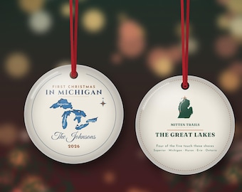 First Christmas in Michigan Ornament 2026, Personalized Family Name, Great Lakes Map, New to Michigan Gift, Double Sided Metal