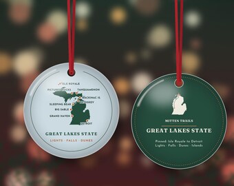 Michigan Map Christmas Ornament, Both Peninsulas with Favorite Places, Isle Royale to Detroit, Double Sided Metal Ornament