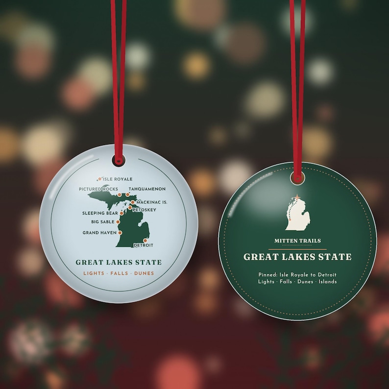 Michigan Map Christmas Ornament, Both Peninsulas with Favorite Places, Isle Royale to Detroit, Double Sided Metal Ornament image 1