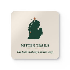 Mitten Trails Logo Coaster Set of 4, Four Identical Michigan Map Coasters, Lake and Road Trip Gift, High-Gloss MDF Top with Cork Back image 1