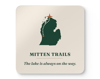 Mitten Trails Logo Coaster Set of 4, Four Identical Michigan Map Coasters, Lake and Road Trip Gift, High-Gloss MDF Top with Cork Back