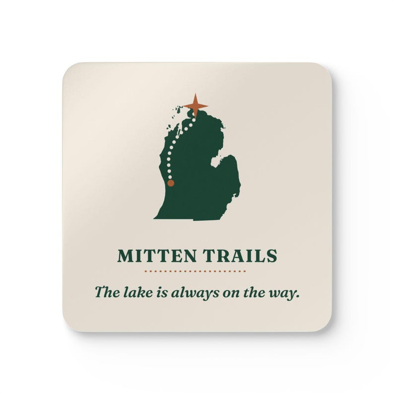 Mitten Trails Logo Coaster Set of 4, Four Identical Michigan Map Coasters, Lake and Road Trip Gift, High-Gloss MDF Top with Cork Back image 1