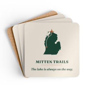 Mitten Trails Logo Coaster Set of 4, Four Identical Michigan Map Coasters, Lake and Road Trip Gift, High-Gloss MDF Top with Cork Back image 6
