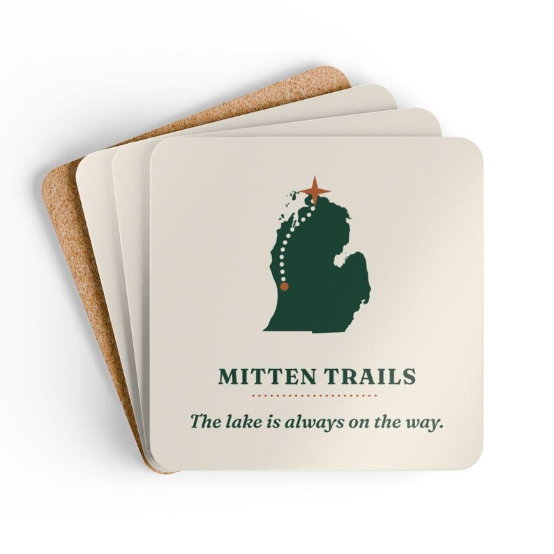 Mitten Trails Logo Coaster Set of 4, Four Identical Michigan Map Coasters, Lake and Road Trip Gift, High-Gloss MDF Top with Cork Back image 6