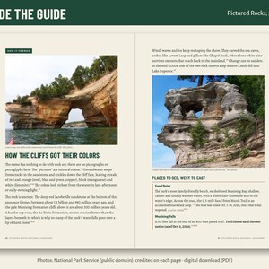 May include: A two-page spread titled INSIDE THE GUIDE featuring Pictured Rocks. The left page shows a red-orange sandstone arch over water. The right page displays a rock formation with text describing geological features and local landmarks.