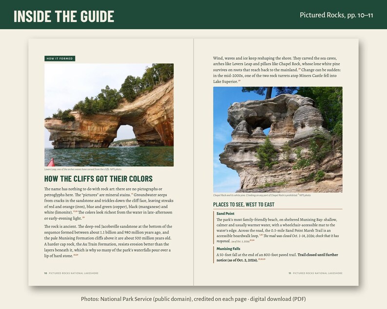 May include: A two-page spread titled INSIDE THE GUIDE featuring Pictured Rocks. The left page shows a red-orange sandstone arch over water. The right page displays a rock formation with text describing geological features and local landmarks.