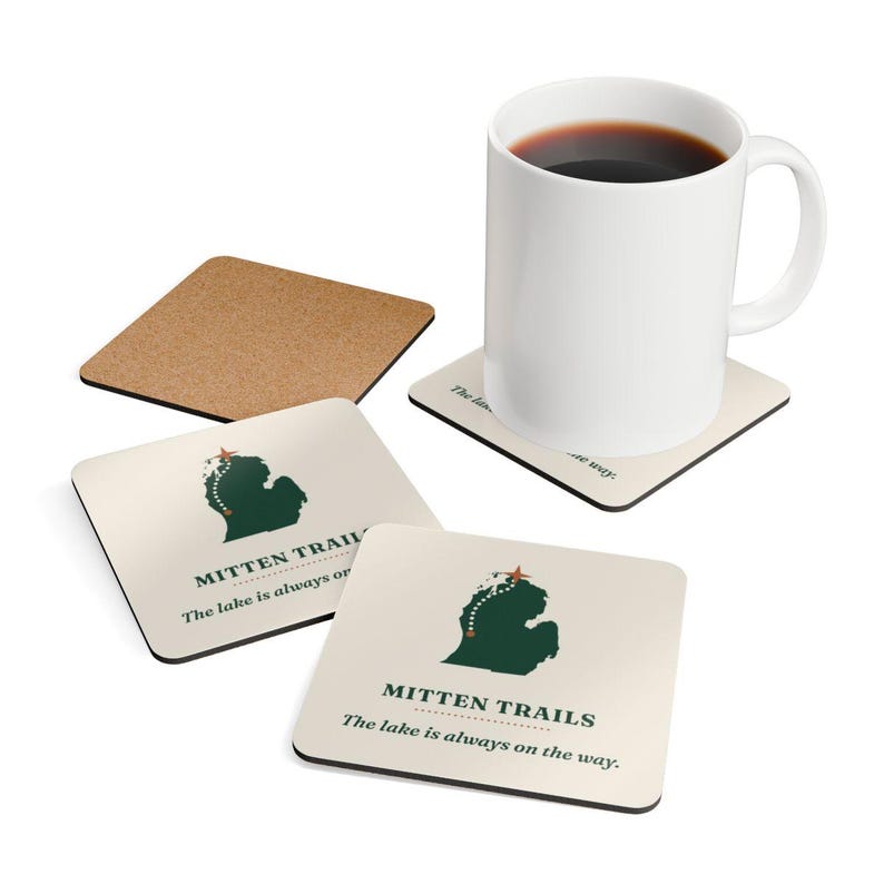 Mitten Trails Logo Coaster Set of 4, Four Identical Michigan Map Coasters, Lake and Road Trip Gift, High-Gloss MDF Top with Cork Back image 4