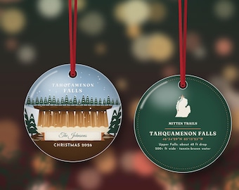 Tahquamenon Falls Christmas Ornament 2026, Personalized Family Name, Upper Peninsula Waterfall Gift, Double Sided Metal