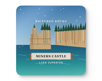 Pictured Rocks Coaster Set of 4, Four Identical Miners Castle Coasters, Upper Peninsula Michigan Gift, High-Gloss MDF Top with Cork Back