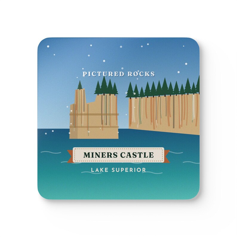 Pictured Rocks Coaster Set of 4, Four Identical Miners Castle Coasters, Upper Peninsula Michigan Gift, High-Gloss MDF Top with Cork Back Bild 1