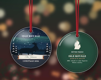 Isle Royale Moose Ornament 2026, Personalized Family Name, Northern Lights Christmas Ornament, Lake Superior Gift, Double Sided Metal