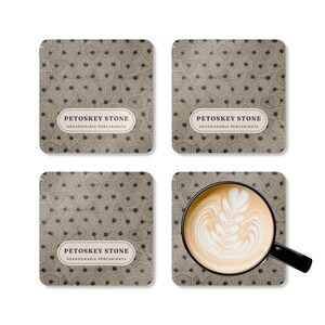 Petoskey Stone Coaster Set of 4, Four Identical Fossil Coral Pattern Coasters, Michigan State Stone Gift, High-Gloss MDF Top with Cork Back image 5