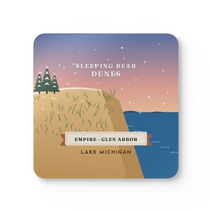 Sleeping Bear Dunes Coaster Set of 4, Four Identical Coasters, Lake Michigan Dune and Manitou Islands, High-Gloss MDF Top with Cork Back