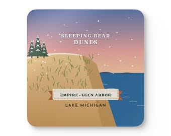 Sleeping Bear Dunes Coaster Set of 4, Four Identical Coasters, Lake Michigan Dune and Manitou Islands, High-Gloss MDF Top with Cork Back