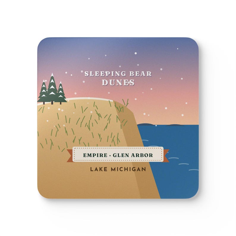 Sleeping Bear Dunes Coaster Set of 4, Four Identical Coasters, Lake Michigan Dune and Manitou Islands, High-Gloss MDF Top with Cork Back image 1