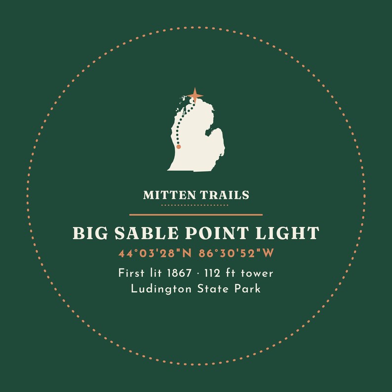 Big Sable Point fyr julgransprydnad, Ludington sanddyner vid solnedgången, present till Lake Michigan, dubbelsidig metall bild 3