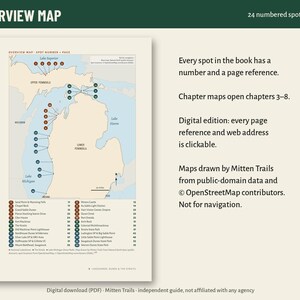 May include: An overview map of Michigan featuring numbered spots corresponding to a list of locations. The map displays Lake Superior, Lake Michigan, and Lake Huron. Text includes 'OVERVIEW MAP', '24 numbered spots', and location names.