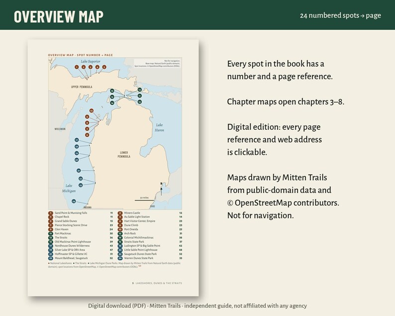 May include: An overview map of Michigan featuring numbered spots corresponding to a list of locations. The map displays Lake Superior, Lake Michigan, and Lake Huron. Text includes 'OVERVIEW MAP', '24 numbered spots', and location names.