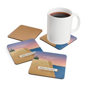 Sleeping Bear Dunes Coaster Set of 4, Four Identical Coasters, Lake Michigan Dune and Manitou Islands, High-Gloss MDF Top with Cork Back image 4