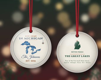 New Home in Michigan Ornament 2026, Personalized Family Name Housewarming Gift, Great Lakes Map, Double Sided Metal