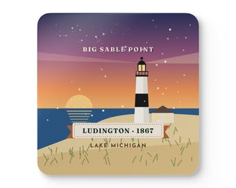 Big Sable Point Lighthouse Coaster Set of 4, Four Identical Coasters, Ludington Michigan Gift, High-Gloss MDF Top with Cork Back