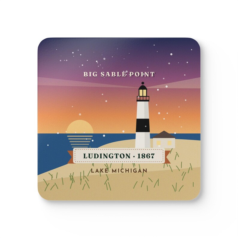 Big Sable Point Lighthouse Coaster Set of 4, Four Identical Coasters, Ludington Michigan Gift, High-Gloss MDF Top with Cork Back image 1