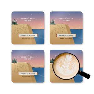 Sleeping Bear Dunes Coaster Set of 4, Four Identical Coasters, Lake Michigan Dune and Manitou Islands, High-Gloss MDF Top with Cork Back image 5