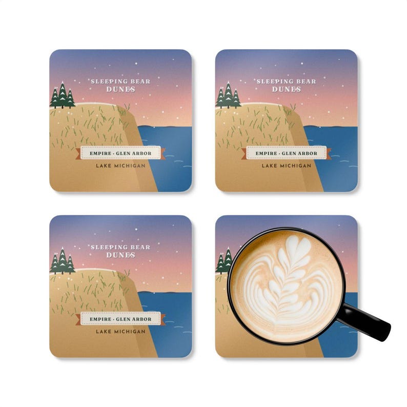 Sleeping Bear Dunes Coaster Set of 4, Four Identical Coasters, Lake Michigan Dune and Manitou Islands, High-Gloss MDF Top with Cork Back image 5