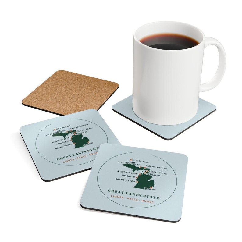 Michigan Mitten Map Coaster Set of 4, Four Identical Coasters, Both Peninsulas with Pinned Places, High-Gloss MDF Top with Cork Back image 4