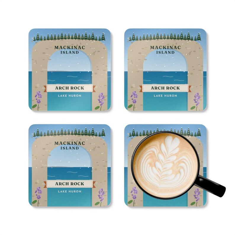 Mackinac Island Arch Rock Coaster Set of 4, Four Identical Coasters, Lake Huron Michigan Gift, High-Gloss MDF Top with Cork Back image 5