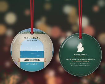 Mackinac Island Christmas Ornament, Arch Rock and Lilacs Over Lake Huron, Michigan Island Gift, Double Sided Metal