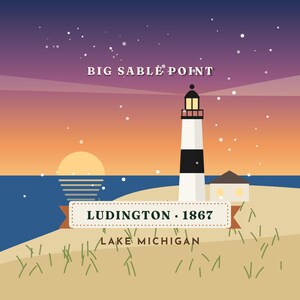Big Sable Point fyr julgransprydnad, Ludington sanddyner vid solnedgången, present till Lake Michigan, dubbelsidig metall bild 2