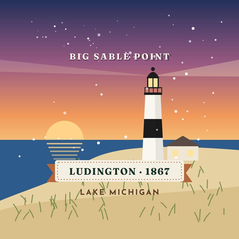 Big Sable Point fyr julgransprydnad, Ludington sanddyner vid solnedgången, present till Lake Michigan, dubbelsidig metall bild 2