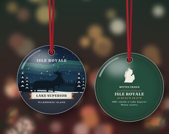 Isle Royale Moose Christmas Ornament, Northern Lights Over Lake Superior, Wilderness Gift, Double Sided Metal Ornament