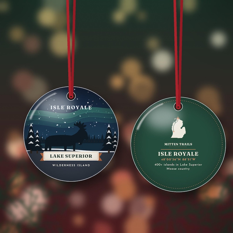Isle Royale Moose Christmas Ornament, Northern Lights Over Lake Superior, Wilderness Gift, Double Sided Metal Ornament image 1