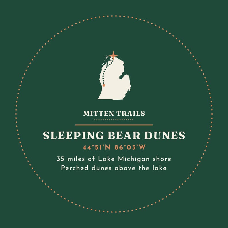 Puede incluir: Un gr&aacute;fico circular verde oscuro con un mapa blanco de Michigan, una l&iacute;nea punteada y una estrella. El texto dice: MITTEN TRAILS, SLEEPING BEAR DUNES, 44&deg;51'N 86&deg;03'W, 35 miles of Lake Michigan shore, Perched dunes above the lake.
