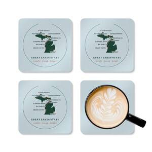 Michigan Mitten Map Coaster Set of 4, Four Identical Coasters, Both Peninsulas with Pinned Places, High-Gloss MDF Top with Cork Back image 5