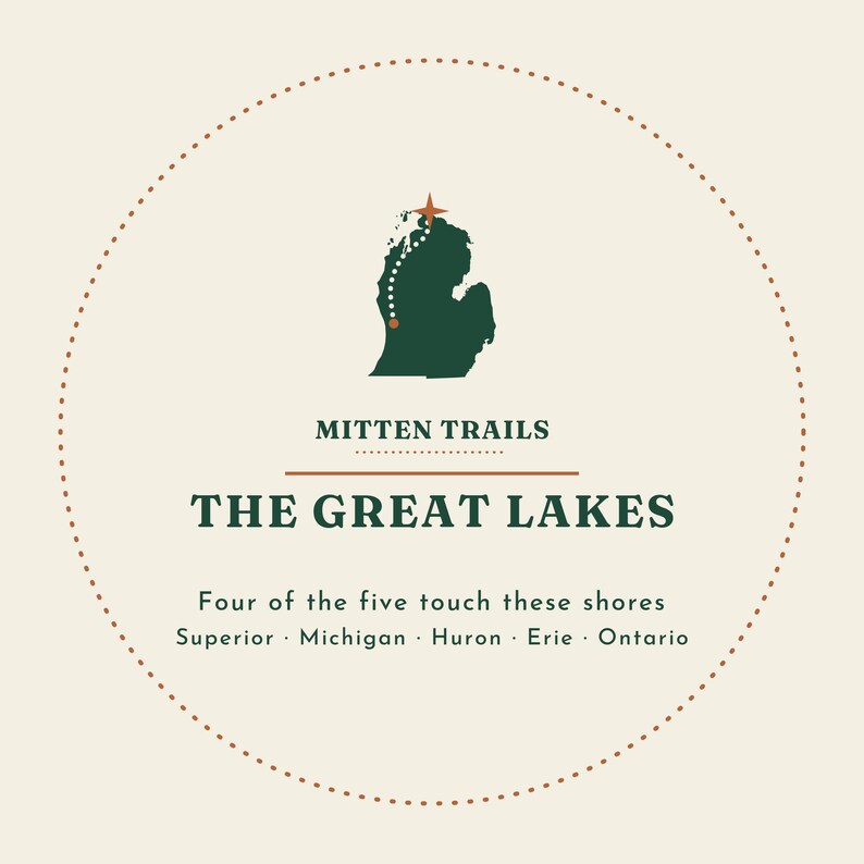 May include: A circular graphic design on a cream background featuring a dark green silhouette of Michigan with a dotted trail and star. Text reads: MITTEN TRAILS, THE GREAT LAKES, Four of the five touch these shores, Superior, Michigan, Huron, Erie, Ontario.