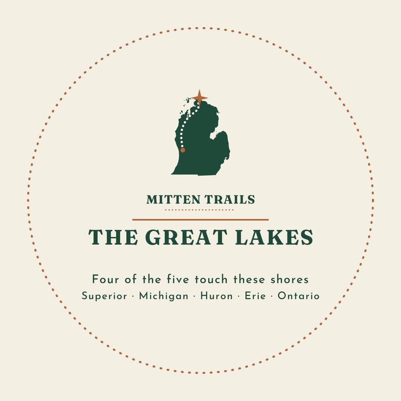 May include: A circular graphic design on a cream background featuring a dark green silhouette of Michigan with a dotted trail and star. Text reads: MITTEN TRAILS, THE GREAT LAKES, Four of the five touch these shores, Superior, Michigan, Huron, Erie, Ontario.