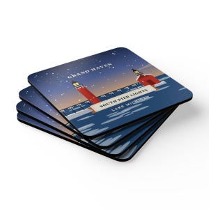 Grand Haven Coaster Set of 4, Four Identical South Pier Lights Coasters, Lake Michigan Lighthouse Gift, High-Gloss MDF Top with Cork Back immagine 2