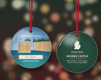 Pictured Rocks Ornament 2026, Miners Castle Personalized Family Name Christmas Ornament, Lake Superior Gift, Double Sided Metal